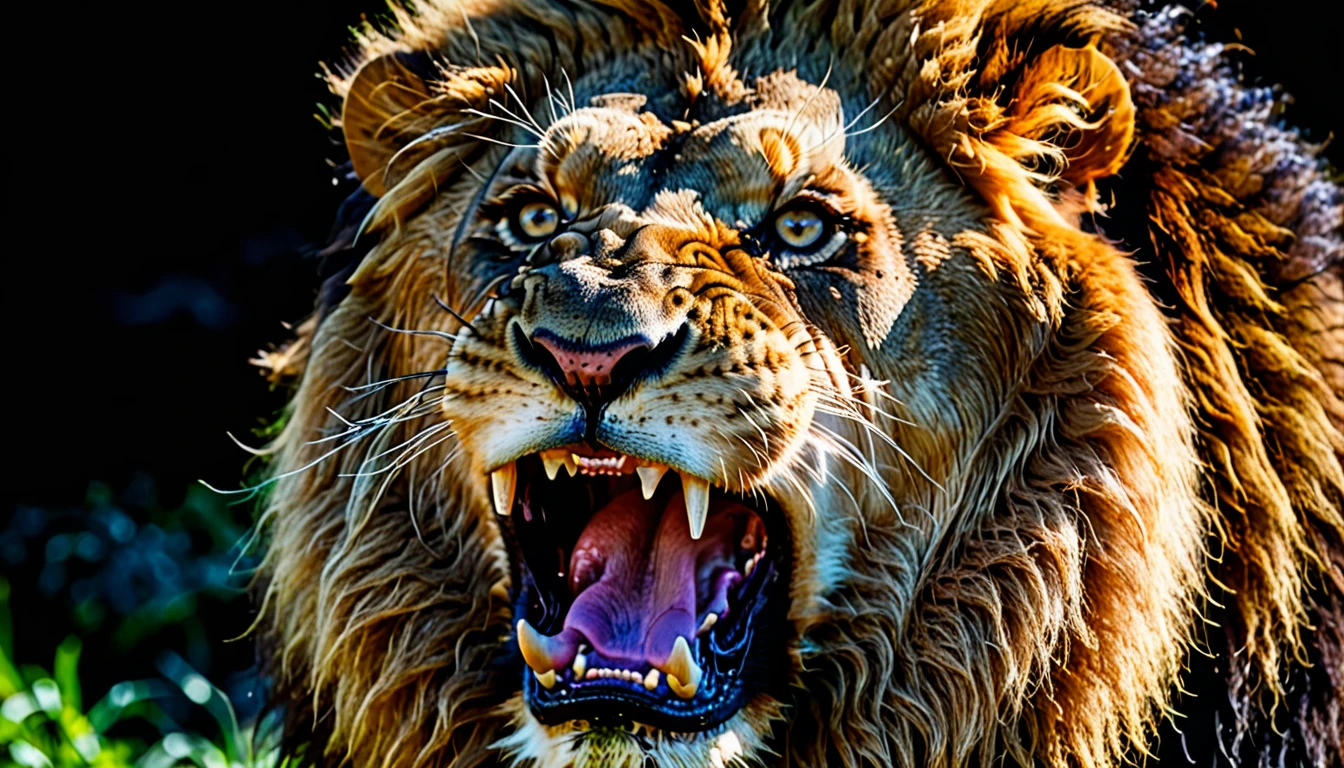 Angry lion，roar，Medium shot，Background fluorescence，Brown hair，RAW，UHD，8k，Detailed Details，Best quality，Masterpieces shot by international photography masters，