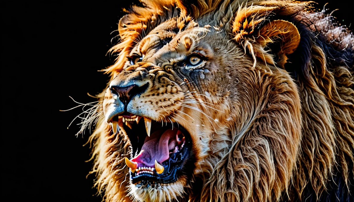Angry lion，roar，Medium shot，Background fluorescence，Brown hair，RAW，UHD，8k，Detailed Details，Best quality，Masterpieces shot by international photography masters，