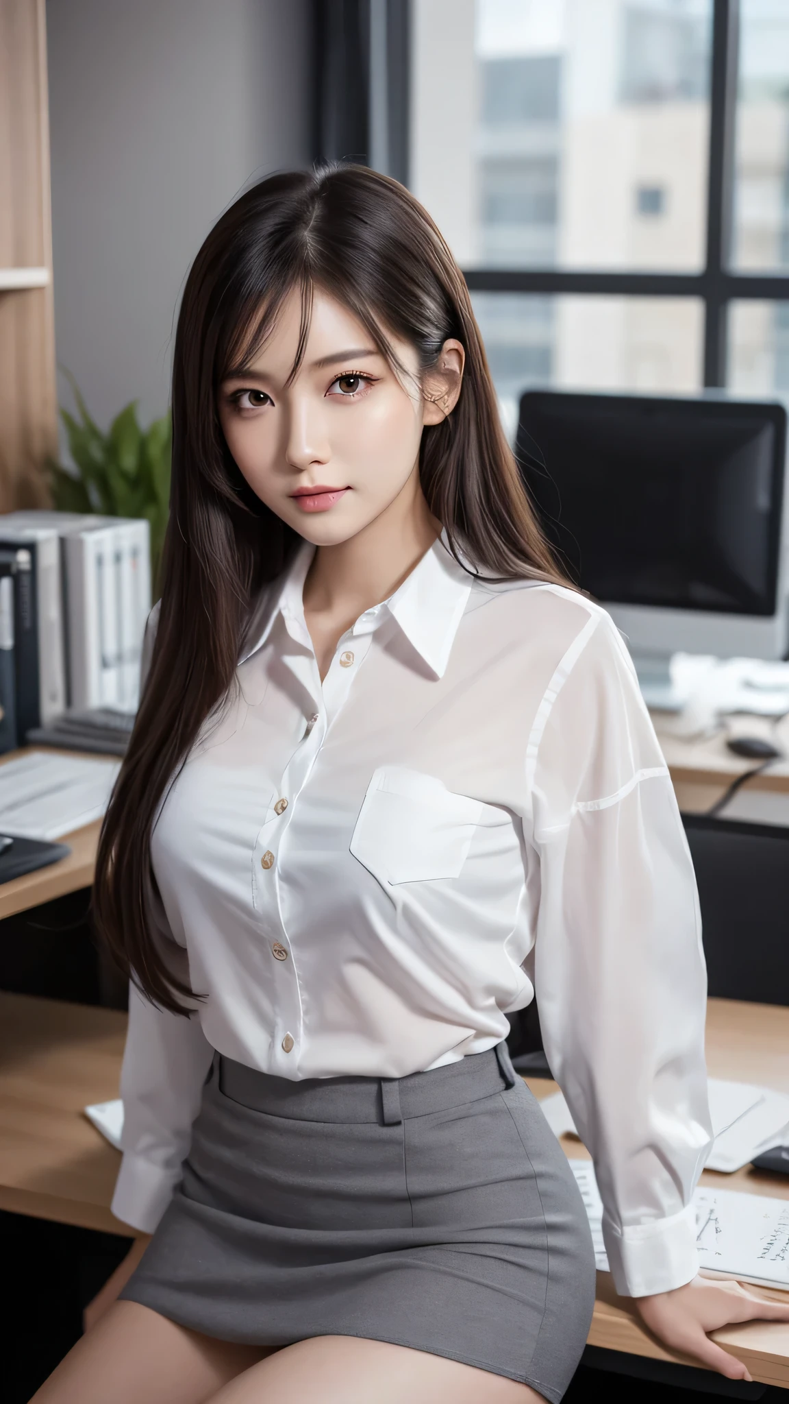 (1young woman), kawaii face, (highly detailed face), Amazing face and eyes, (Best Quality:1.4), (Ultra-detailed), (extremely detailed CG unified 8k wallpaper), Highly detailed, High-definition raw color photos, Professional Photography, Realistic portrait, Amazing face and eyes, Pink eyes, indoors, office, (office lady, shirt, miniskirt,:1.3), model, depth of fields, (fine face:1.2),