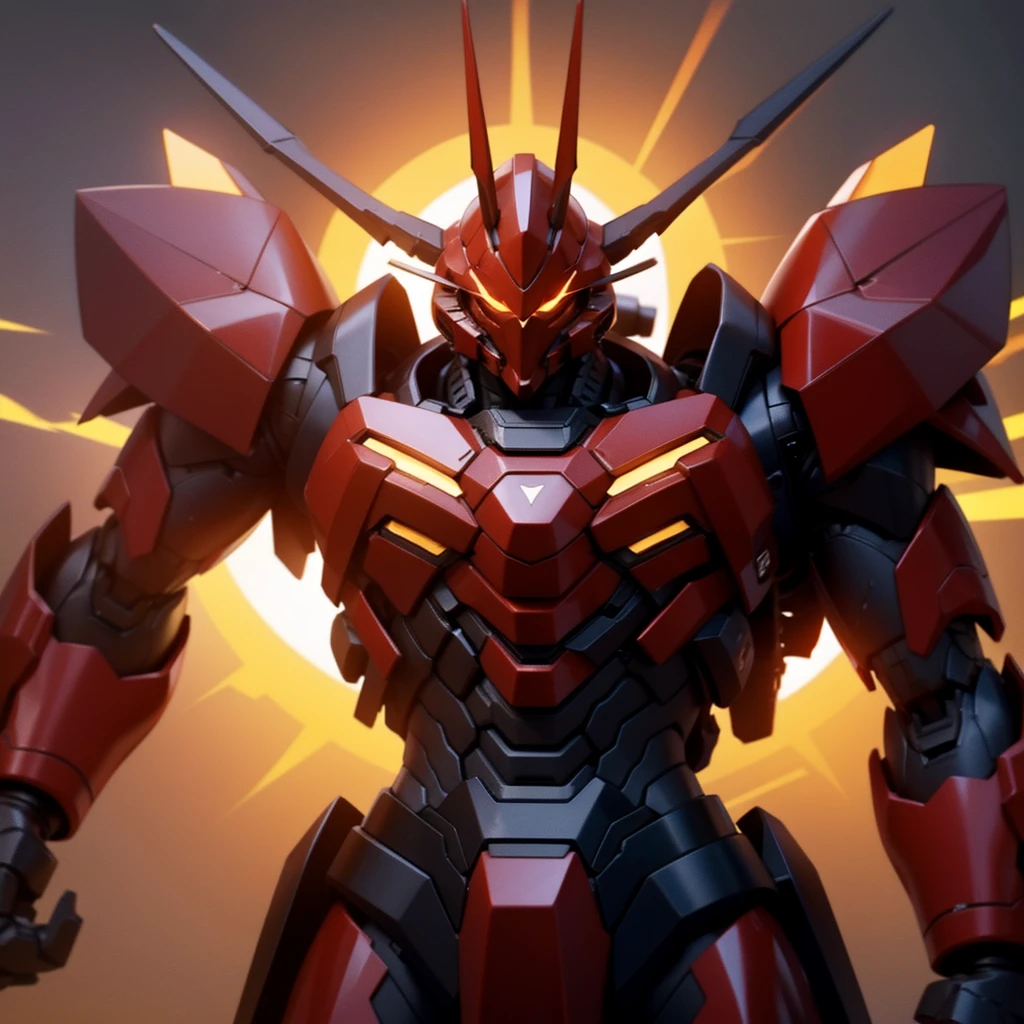 Robot, red mono eye, red body, high quality, golden horns on head, heavily armored,Robot, red mono eye, red body, high quality, golden horns on head, heavily armored, reddish-black shoulders, arm armor is an austere shade, sunset background,