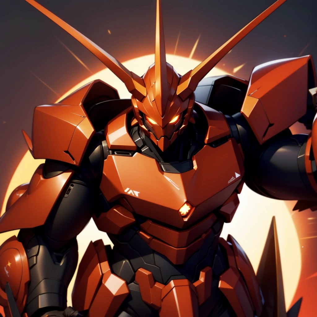 Robot, red mono eye, red body, high quality, golden horns on head, heavily armored,Robot, red mono eye, red body, high quality, golden horns on head, heavily armored, reddish-black shoulders, arm armor is an austere shade, sunset background,