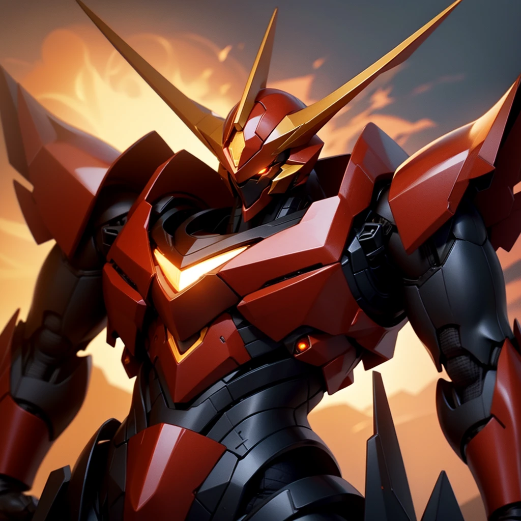 Robot, red mono eye, red body, high quality, golden horns on head, heavily armored,Robot, red mono eye, red body, high quality, golden horns on head, heavily armored, reddish-black shoulders, arm armor is an austere shade, sunset background,