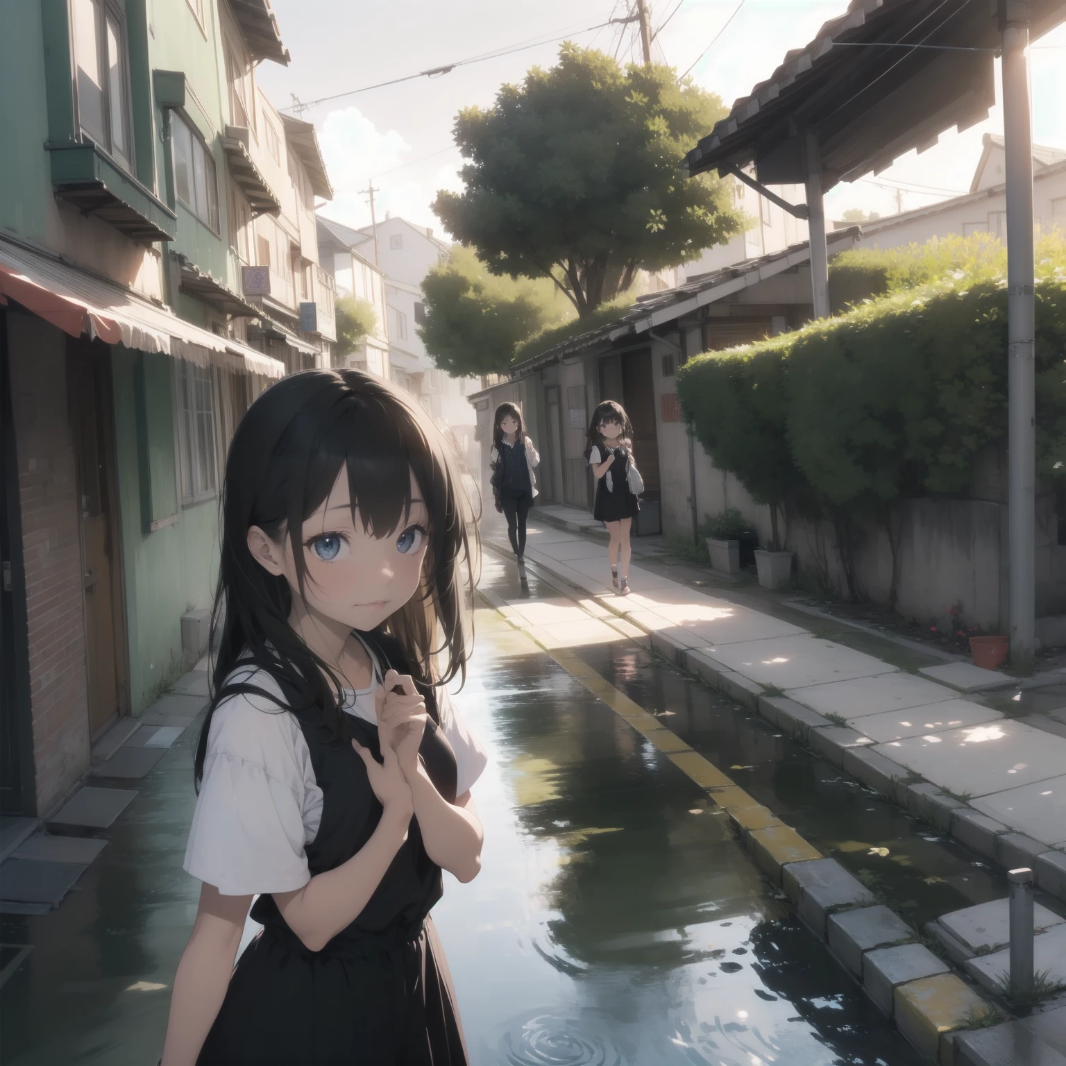Vast landscape photography、(View from below、Shows the sky above and below)、High resolution、highest quality、Very detailed、makoto shinkai、sunset、Girl in white dress looking sideways、College student with long brown hair、Electric pole、electric wire、Railroad crossing、Lens blur