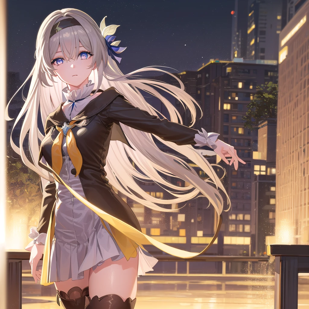 honkaifirefly, firefly, (purple eyes:1.3), gray hair, butterfly hair accessories, hair accessories, hair consumption, long hair, (bright student:1.5),
Take a break black sock, blue set, blue sock, set, shoe, sock, two-tone set, two-tone sock, white set, long sleeve, headband,
Take a break outdoors,
Take a break looking at viewer, (cowboy shoot:1.5),
Take a break (Masterpiece:1.2), best quality, high resolution, unity wallpaper 8k, (illustration:0.8), (Beautifully detailed eyes:1.6), Very detailed face, perfect light, Very detailed CG, (perfect hand, perfect anatomy), 1girl, solo, solo focus, alone