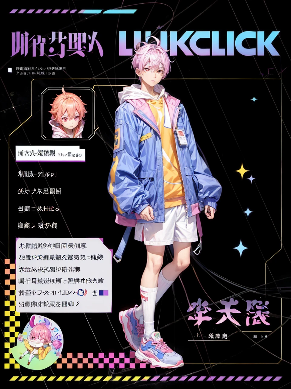 Chinese man, pink hair, red eyes, lilac blue jacket with yellow acccents, orange hoodie, white short, white sock, lilac blue shoes