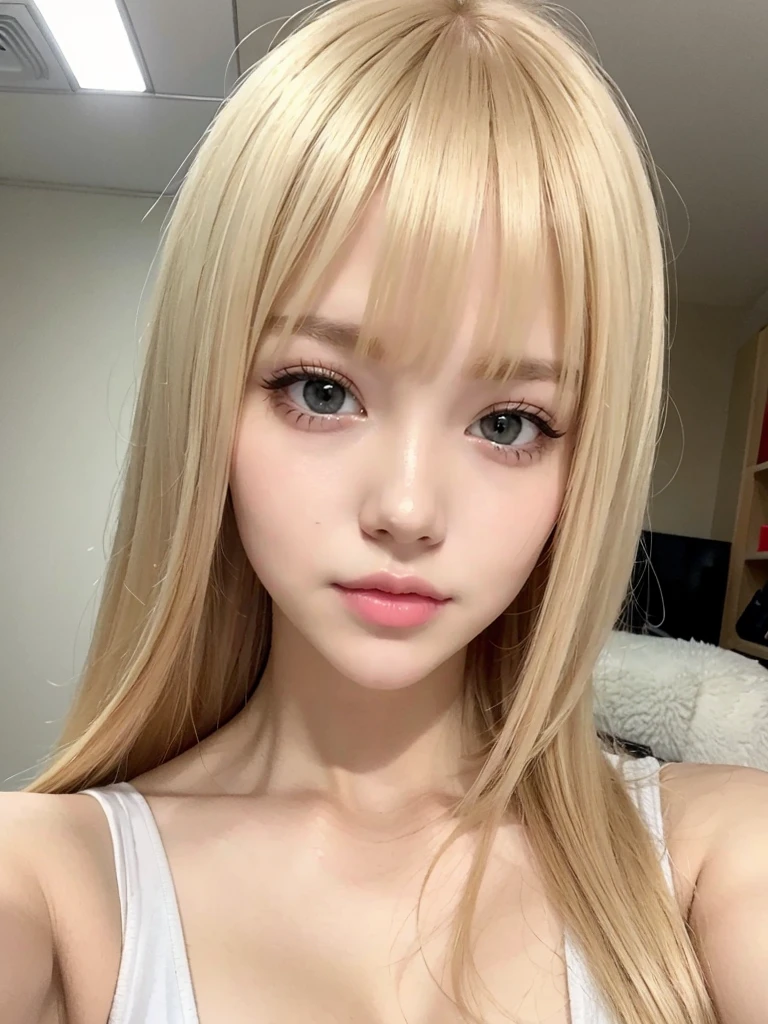 Selfie closeup, blonde hair, bangs