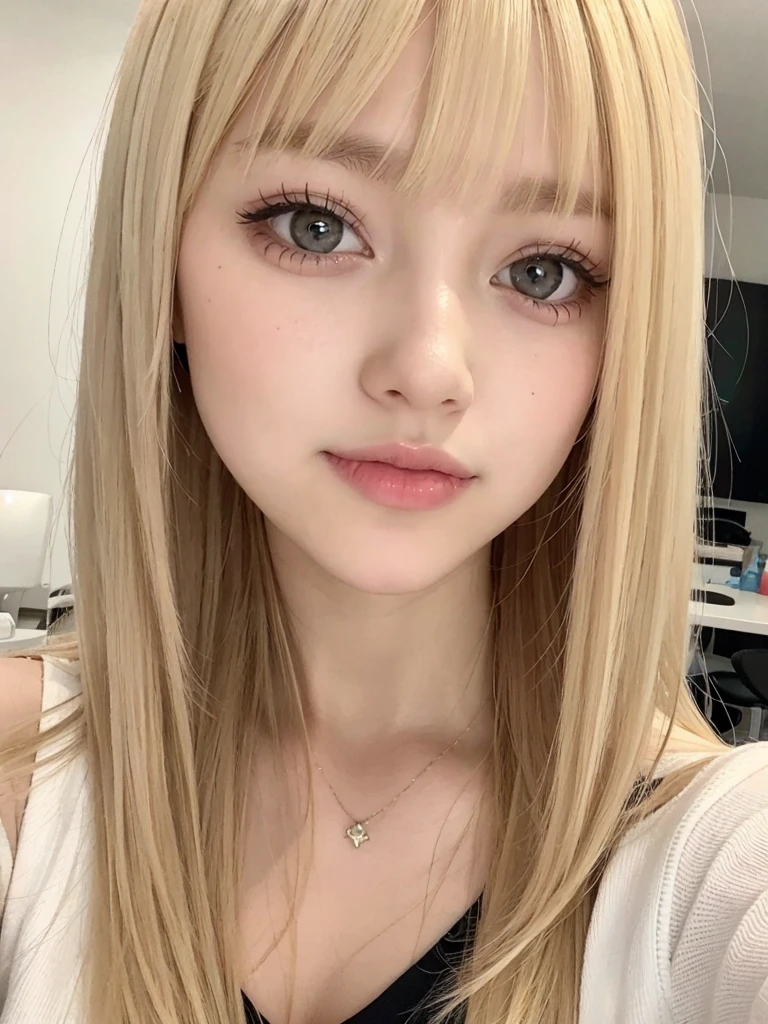 Selfie closeup, blonde hair, bangs