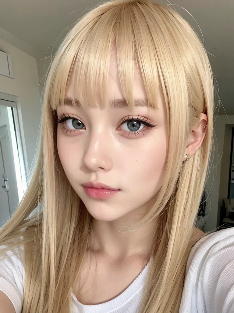 Selfie closeup, blonde hair, bangs