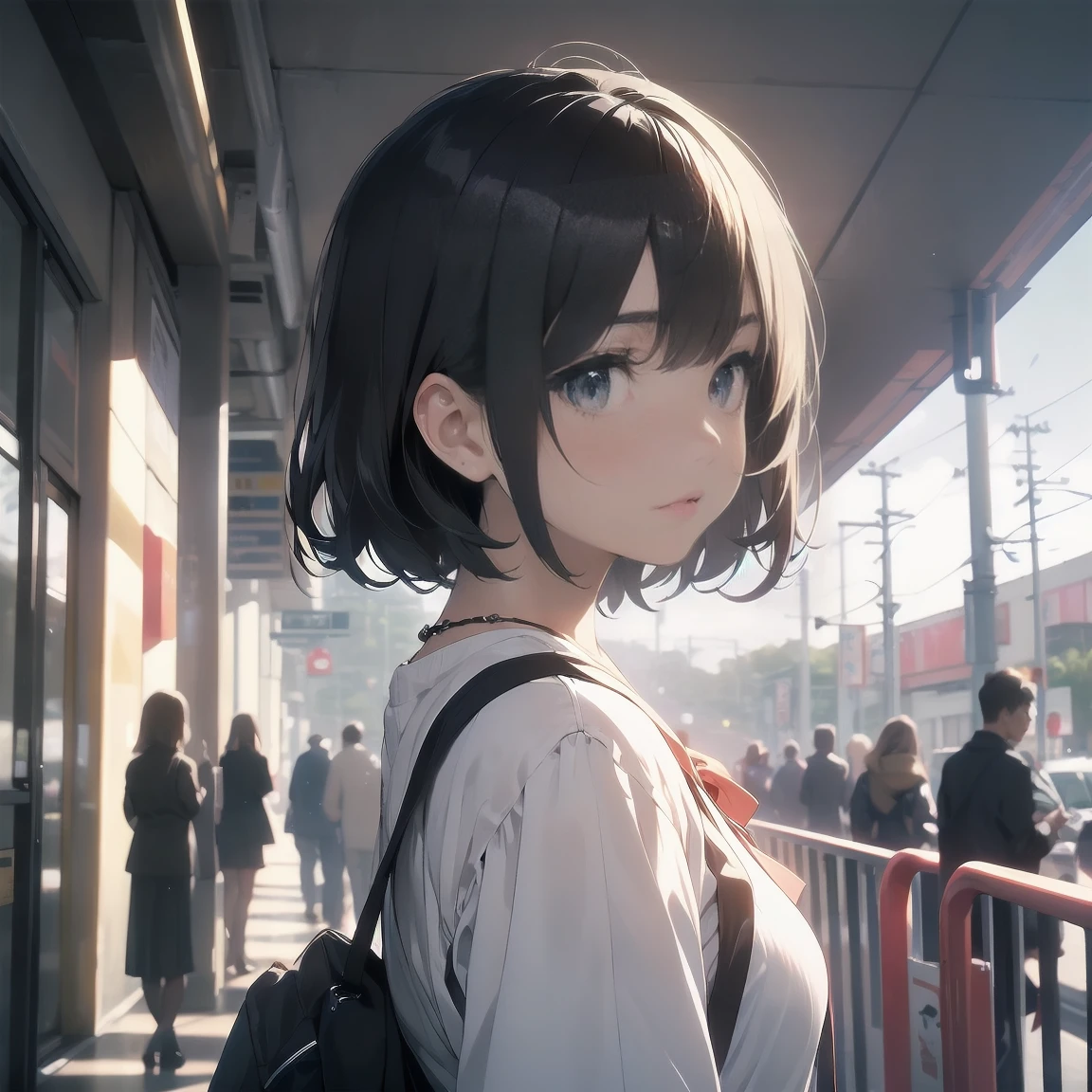 Portraiture, documentary, photograph, A girl is gender-neutral middle school student with short black hair and , 疲れた表情でCommuting路を歩いている , skirt, Commuting route, high quality, Realistic, Eye-level shot, Medium Shot, Front view, Natural light, Commuting,break,One girl, (alone, face,13 years oldcharm of androgyny, Flat Chest, Small Ass, Beautiful and exquisite black eyes, Disgusted Eyes,break,((最high quality,Anime Style, Super detailed,High resolution,Highly detailed CG,unity 8k wallpaper,By famous artists,Perfect Anatomy,Highly detailed skin,Cinema Lighting)),Japan railway crossing