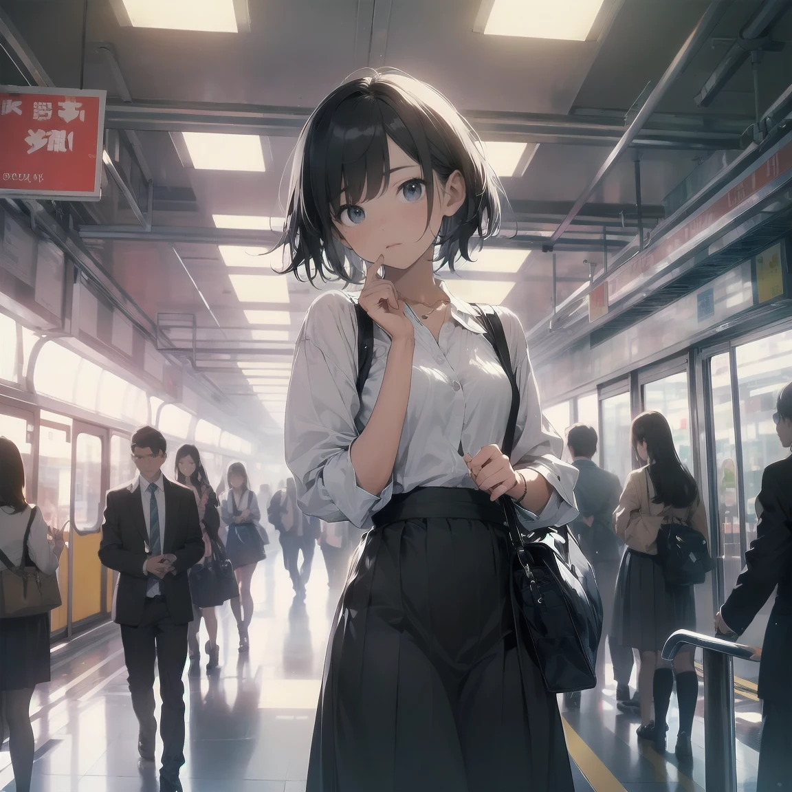 Portraiture, documentary, photograph, A girl is 13 years old gender-neutral middle school student with short black hair and , 疲れた表情でCommuting路を歩いている , skirt, Commuting route, high quality, Realistic, Eye-level shot, Medium Shot, Front view, Natural light, Commuting,break,One girl, (alone, face,13 years old:1.5),, The charm of androgyny, Flat Chest, Small Ass, Beautiful and exquisite black eyes, Disgusted Eyes,break,((最high quality,Anime Style, Super detailed,High resolution,Highly detailed CG,unity 8k wallpaper,By famous artists,Perfect Anatomy,Highly detailed skin,Cinema Lighting)),Japan railway crossing