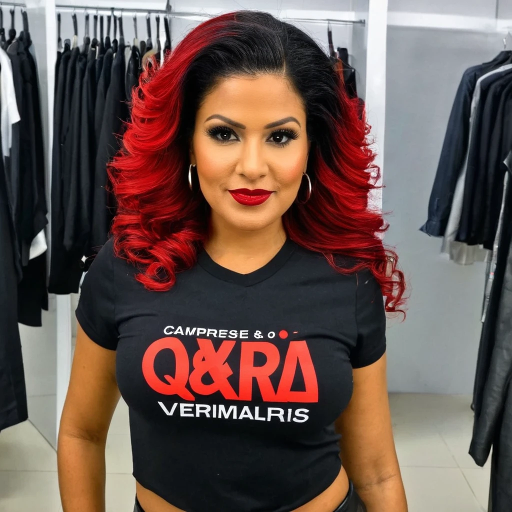 criar uma mulher loira ou ruva, empresaria com cabelos vermelho e preto com aproximadamente 25 anos com camisa escrito "QRID"