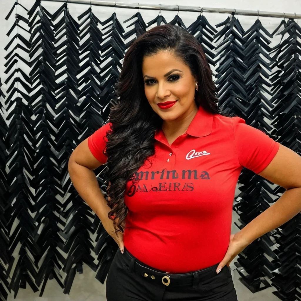criar uma mulher loira ou ruva, empresaria com cabelos vermelho e preto com aproximadamente 25 anos com camisa escrito "QRID"