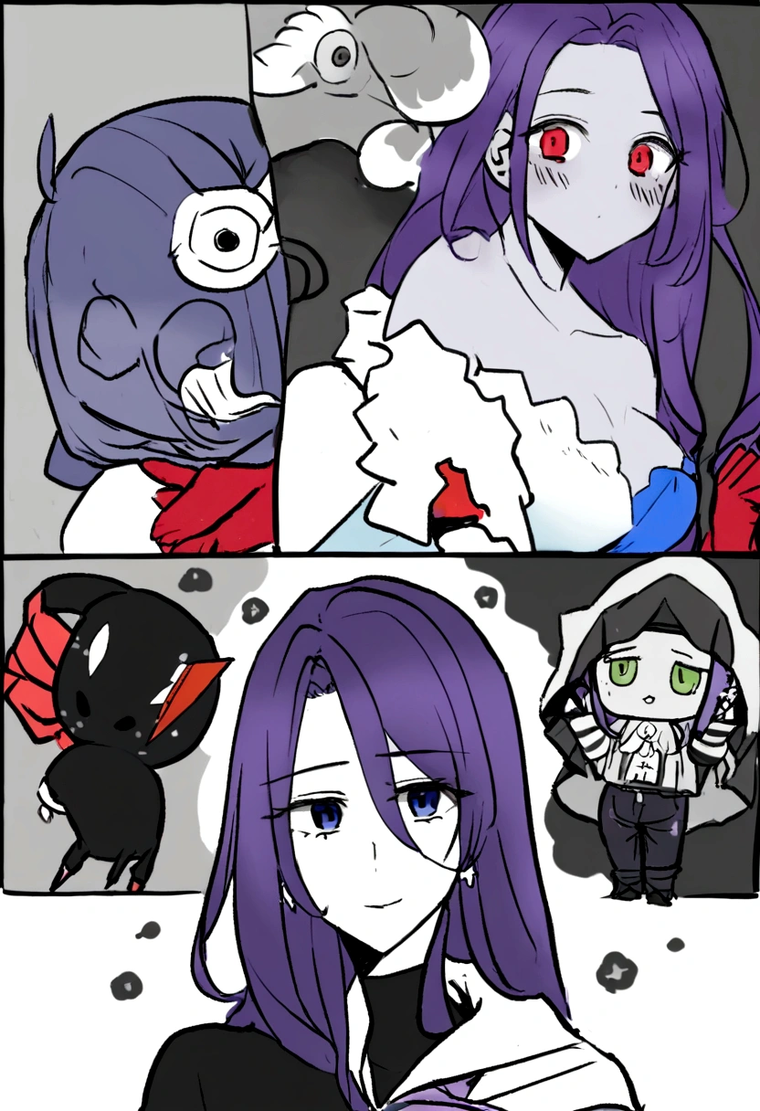 purple hair is cubic and fashionable in five points, y toma la apariencia siniestra de un juego de mordazas, el flequillo de su cabello tiene 2 puntas. Has pale skin, tiene una sonrisa algo tranquila y despreocupada. Usa una sudadera color azul oscuro sin estampar, manga larga holgado, una capucha. Black denim pants and black and white sports sneakers. He carries with him a pair of red gloves with symbols of a circle and a triangle in the center., puestos en sus manos. Un fondo de una ciudad algo oscura, gloomy and dirty with a completely cloudy sky. He carries on his shoulder a small creature the size of a five-year-old ., de un pelaje rojo con cuernos y orejas de un venado, mientras lleva un par de alas en su espalda, con los ojos completamente de color rosa fucsia