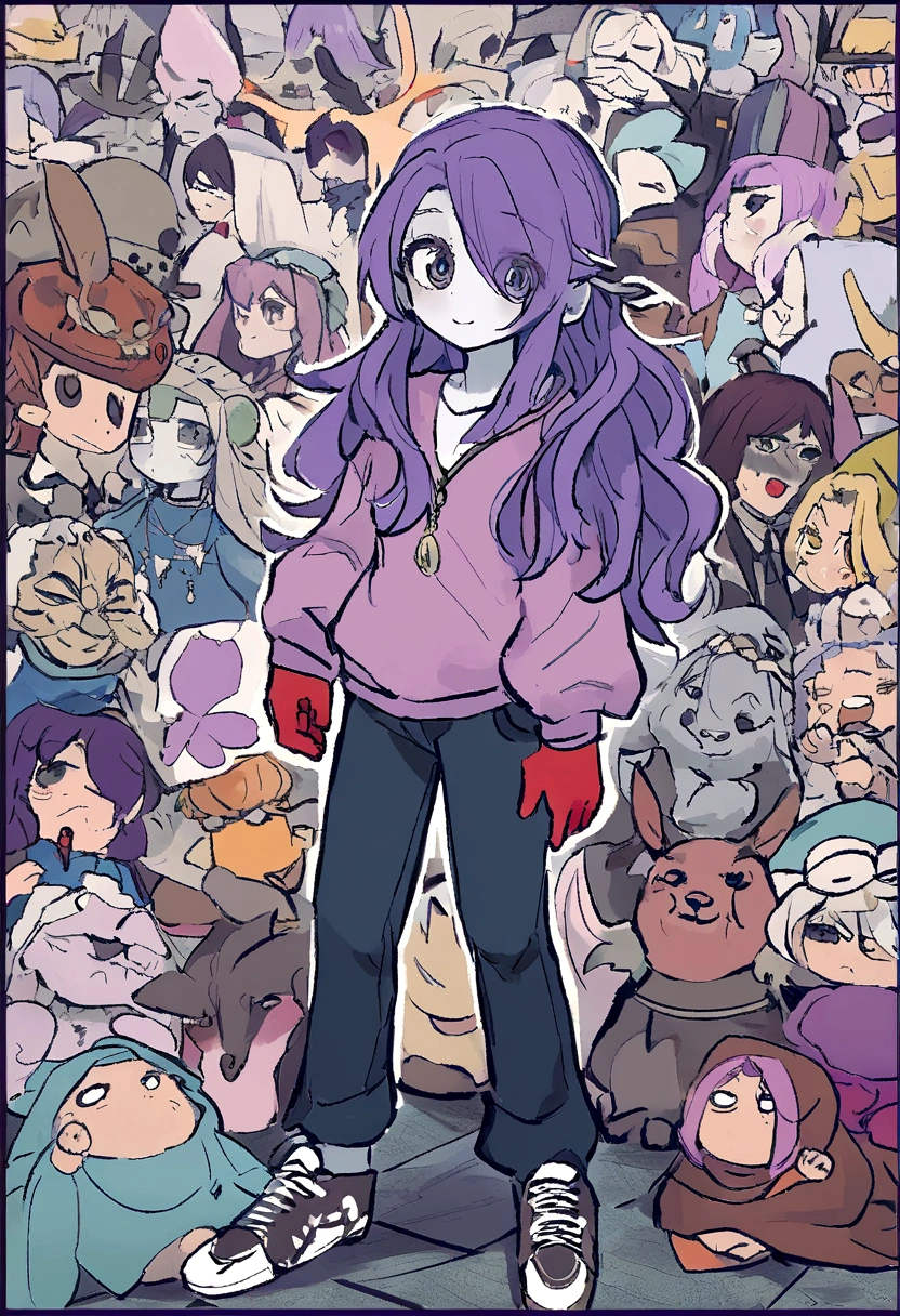 purple hair is cubic and fashionable in five points, y toma la apariencia siniestra de un juego de mordazas, el flequillo de su cabello tiene 2 puntas. Has pale skin, tiene una sonrisa algo tranquila y despreocupada. Usa una sudadera color azul oscuro sin estampar, manga larga holgado, una capucha. Black denim pants and black and white sports sneakers. He carries with him a pair of red gloves with symbols of a circle and a triangle in the center., puestos en sus manos. Un fondo de una ciudad algo oscura, gloomy and dirty with a completely cloudy sky. He carries on his shoulder a small creature the size of a five-year-old ., de un pelaje rojo con cuernos y orejas de un venado, mientras lleva un par de alas en su espalda, con los ojos completamente de color rosa fucsia