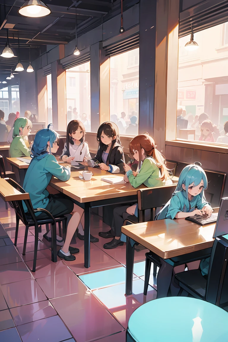 Five mothers and children are happily using computers and smartphones in a cafe, pastel colors