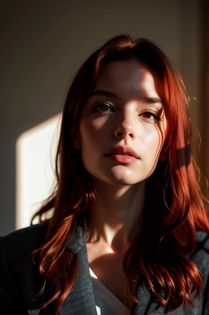 Instagram Photos, French woman, 21 years old, Long Hair,Redhead, Close-up portrait, Jacket,shirt, Neckline, pale, Sharp Shadow