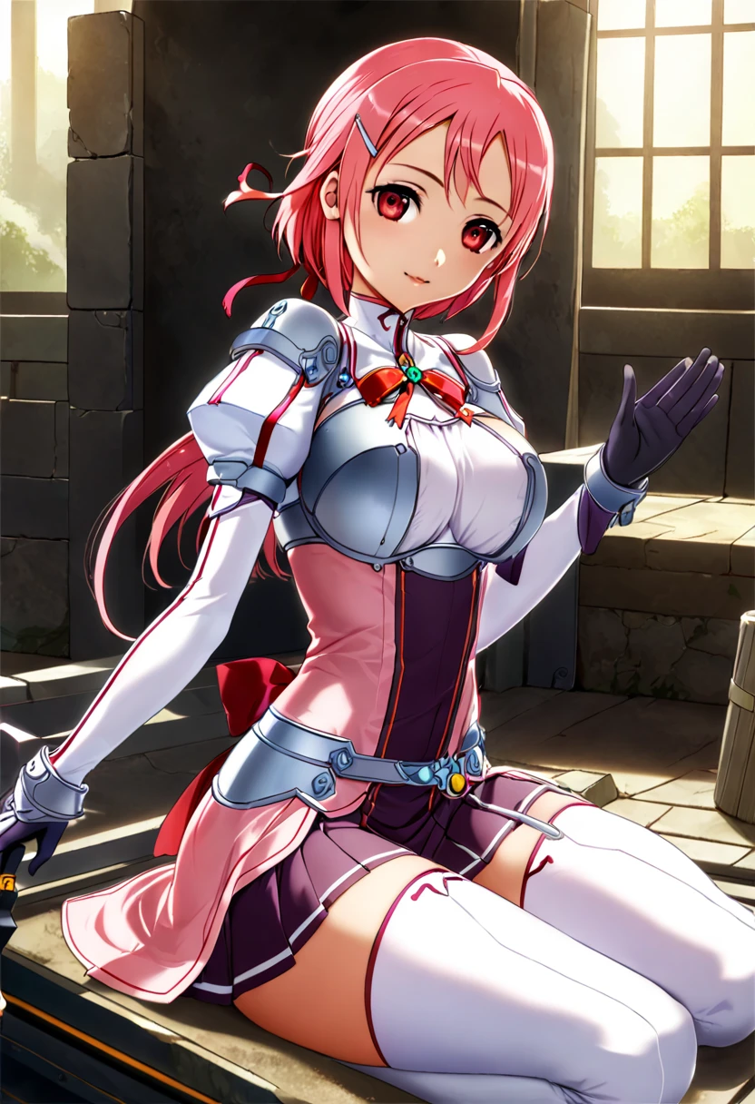 highest quality、unity 8k wallpaper、32k、masterpiece、Very detailed、Ultra-high resolution、　Magical Smith Lisbeth、lisbeth (sao)、Pink Short Hair、Puff sleeves、Shoulder rest、Silver Breastplate、dark pink pleated skirt、Light pink long gloves、Pale pink thigh-high stiletto boots、A large ribbon with a large brooch on the chest、Hair Clip、Hair Ribbon、Hold the magical hammer in one hand、Outside the forge