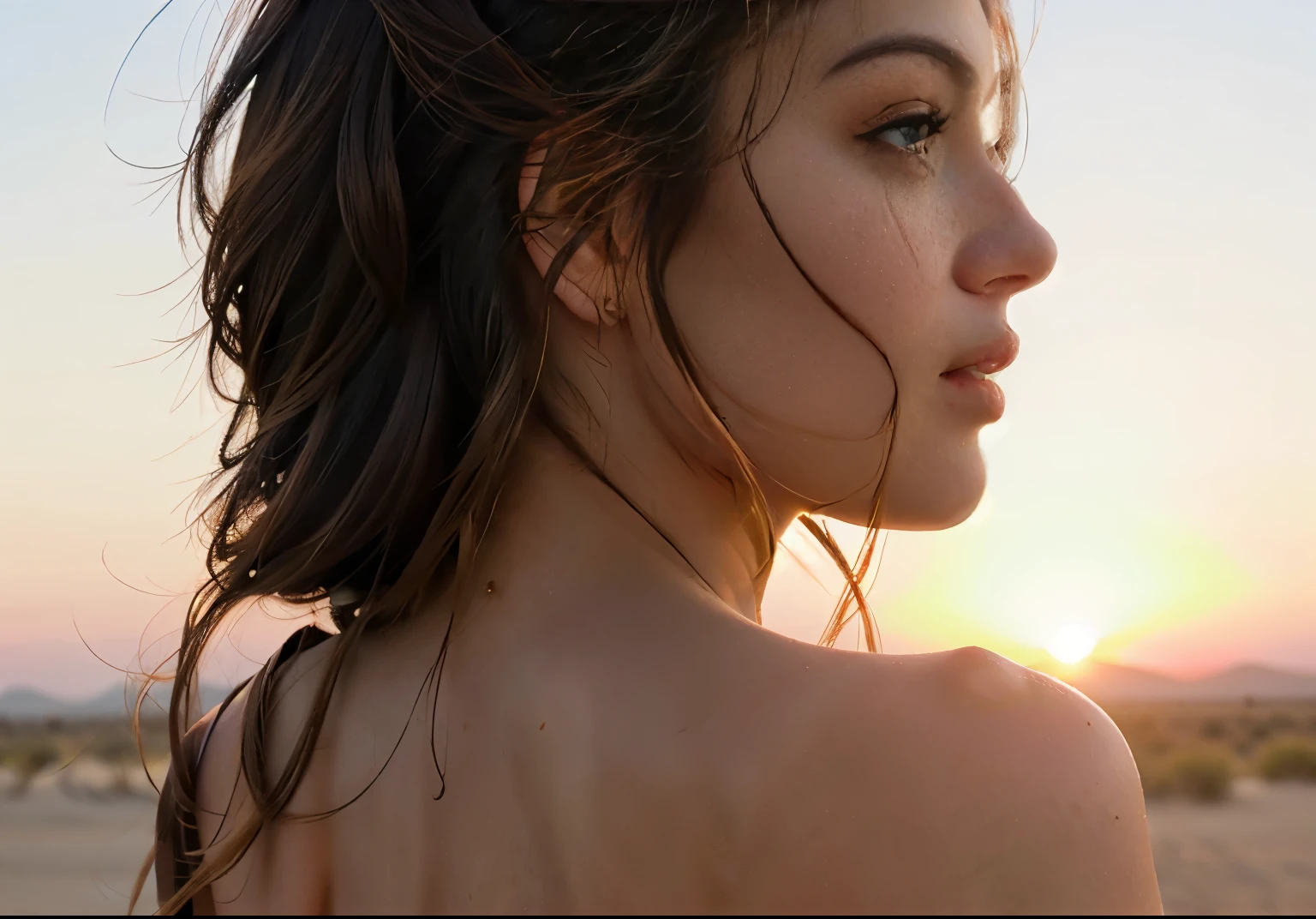 Very Realistic side portrait of a woman on dessert in sunrise and wind from back