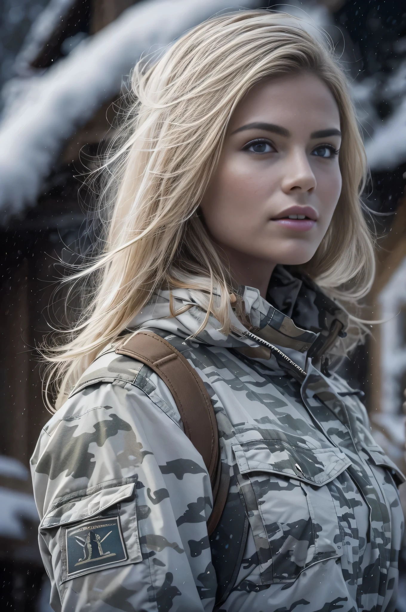 by Bojan Jevtic, Michael Borremans, Vector Art, RAW photo,close up of a strong 21yo military girl. military outfit, in a snow scenery in front of a log cabin. white camouflage clothes of better quality and better effects better shadows better lighting 8k American woman, short blonde hair, blue eyes, beautiful face, perfect body,
alluring, Thoughtful Pose, Land Art, Ilford HP5+ 400, F/5, perfect skin, Smooth Skin,Full Body,Bold, Brilliant Dim Background Light, harsh side lighting, deep dark shadows, HDR, sharp and in focus,8k, Visual novel, Brilliant Masterpiece, sad smile, hair up, colour, low key lighting