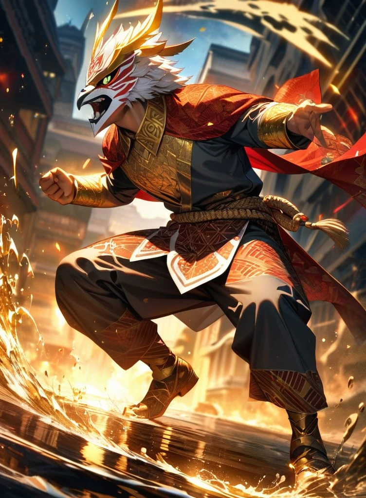 Full body view,absurdres, highres, ultra detailed, HDR, masterpiece, extremely detailed face and eyes,Indonesian Super Hero costume,,red and white Garuda costume, Garuda eagle mask, , Indonesia batik pattern , solo, man, handsome, ,, , Epic fight scene, golden splashing effect, golden effect,glowing glitters