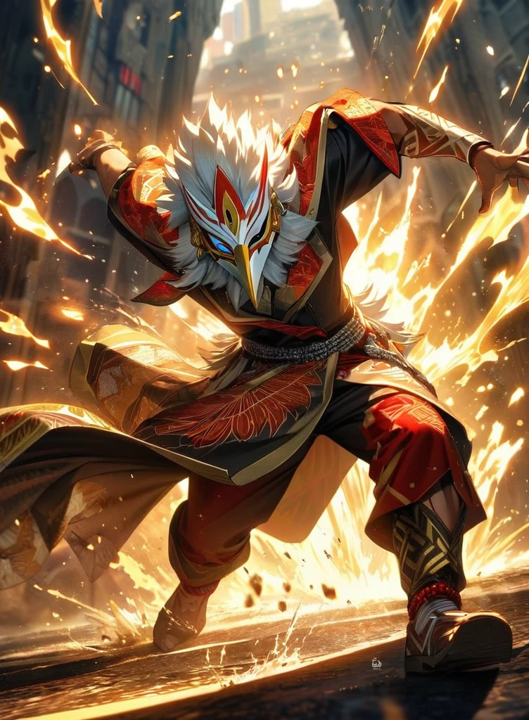 Full body view,absurdres, highres, ultra detailed, HDR, masterpiece, extremely detailed face and eyes,Indonesian Super Hero costume,,red and white Garuda costume, Garuda eagle mask, , Indonesia batik pattern , solo, man, handsome, ,, , Epic fight scene, golden splashing effect, golden effect,glowing glitters