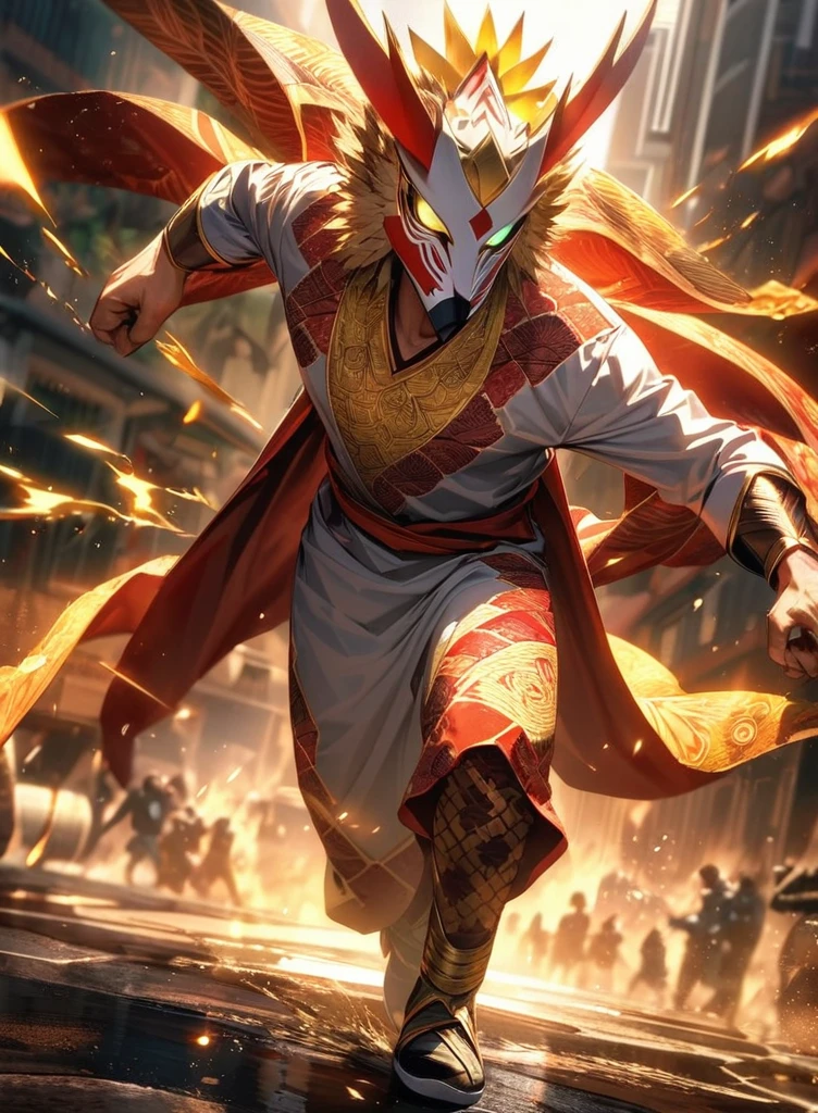 Full body view,absurdres, highres, ultra detailed, HDR, masterpiece, extremely detailed face and eyes,Indonesian Super Hero costume,,red and white Garuda costume, Garuda eagle mask, , Indonesia batik pattern , solo, man, handsome, ,, , Epic fight scene, golden splashing effect, golden effect,glowing glitters