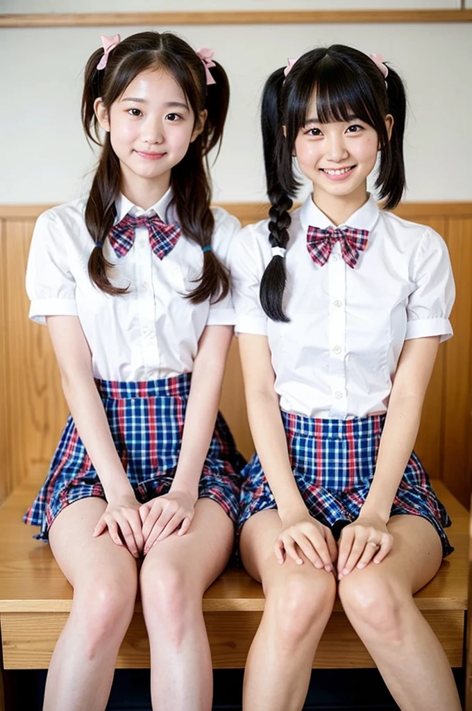 2 girls on desk in wooden school classroom,short-sleeved white leotard with plaid frills,pink plaid bow tie,18-year-old,bangs,a little smile,large bare thighs,knees,legs apart,short hair with low pigtails,from before,front light