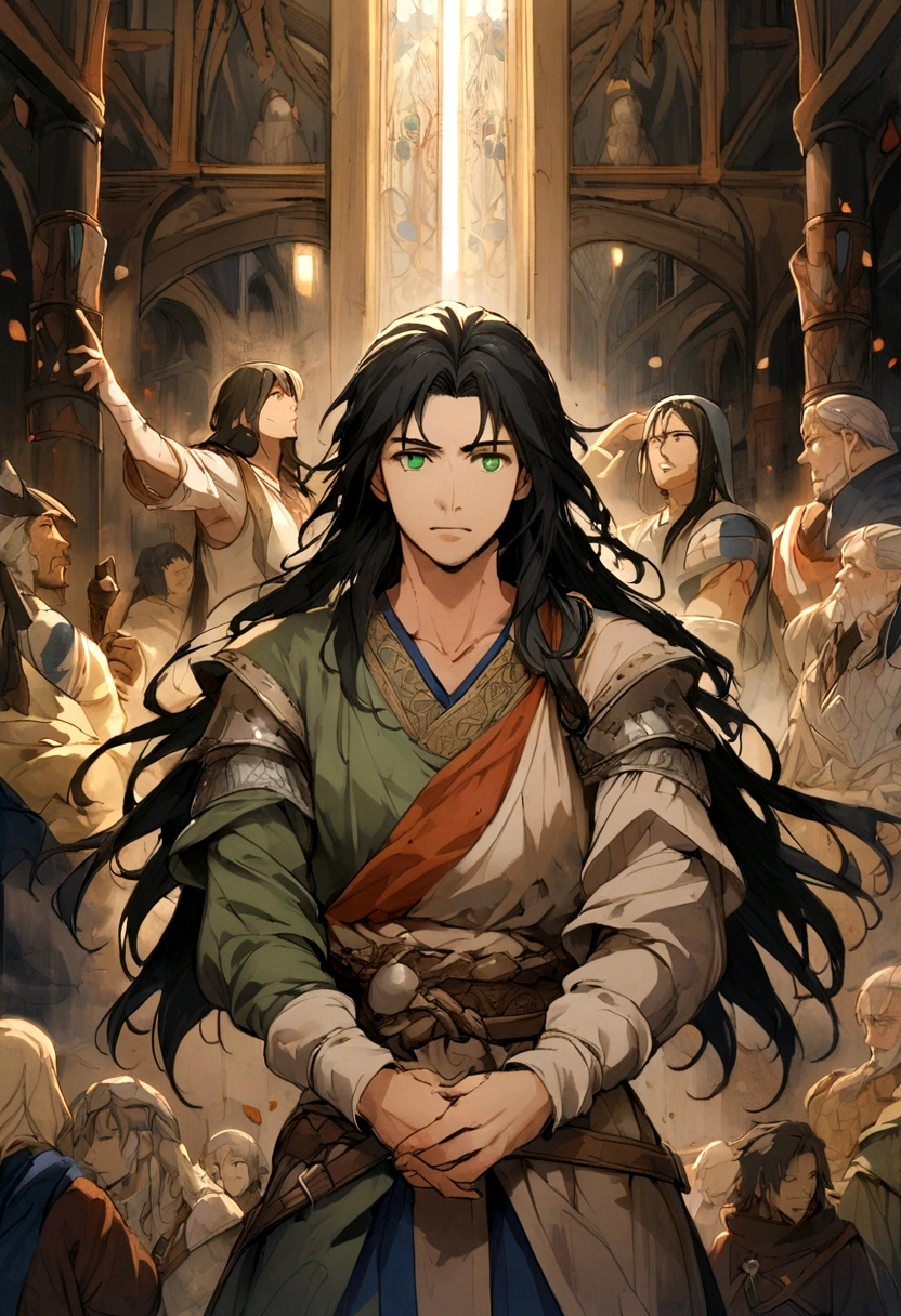 anime,man,Middle Ages,healthy body,black hair,long hair,green eyes,ชุดสีดำMiddle Ages,no background