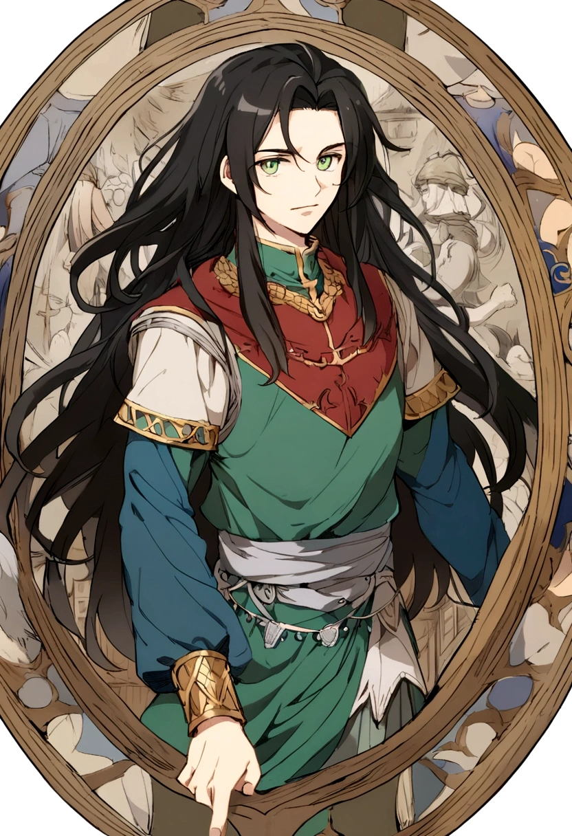 anime,man,Middle Ages,healthy body,black hair,long hair,green eyes,ชุดสีดำMiddle Ages,no background