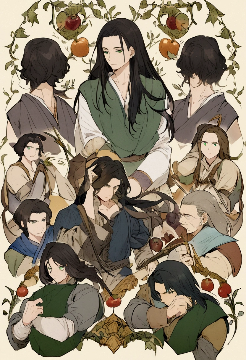 anime,man,Middle Ages,healthy body,black hair,long hair,green eyes,ชุดสีดำMiddle Ages,no background
