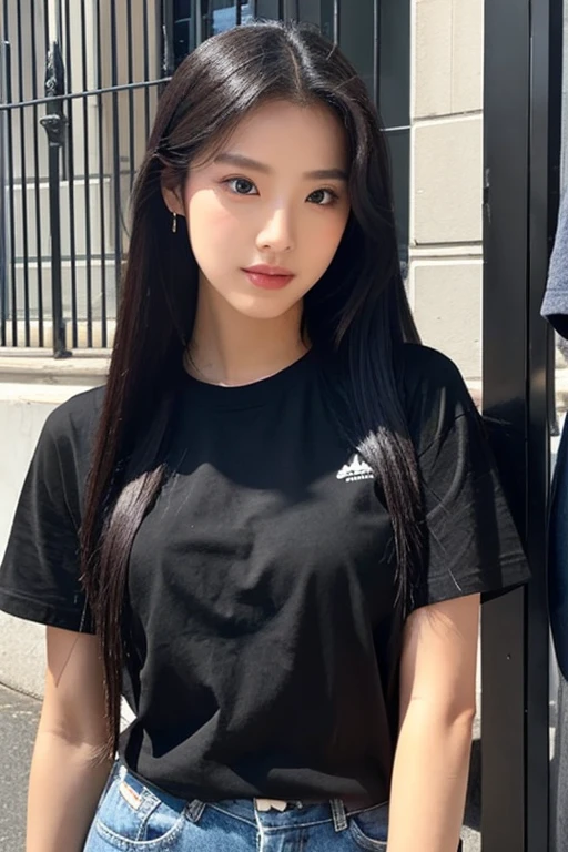 She wear black t-shirt that has a name PBM