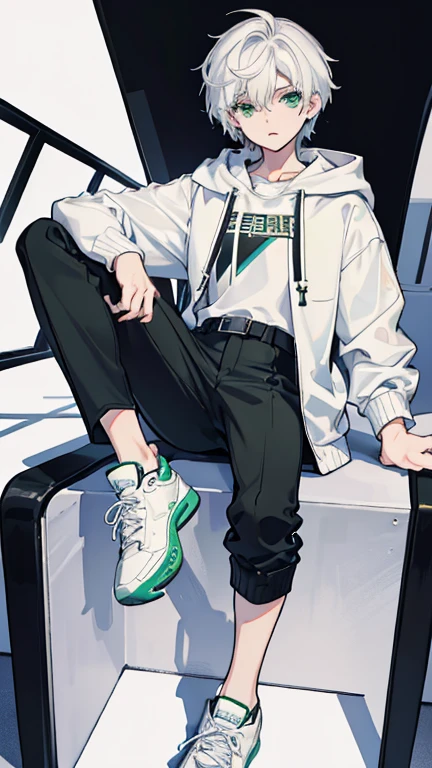 masterpiece, Facial details, Very detailed, 8k, Modern Style, ((One young man)), woman, Short white hair, Green Eyes, White hoodie, Black trousers, I can see the shoes, White Background, joy