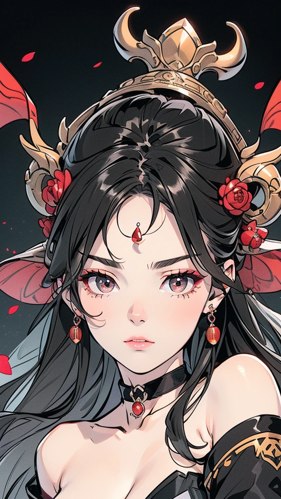 Seven Rhaeyar (Deylta), Ancient Star goddess, Perfect female anatomy (Royalty, Adult Female, 166cm in height, Cool pale skin, slim, slender, 34D breast size, Long Jet Black Hair, Gray Colored Iris , a set of Jet black colored horns on her head), Neutral facial expression, Elegant black uniform dress, female choker accessory with silver complimentary jewelry, dragon motifs, Black rope accessories, Simple Black Background, receiving light from the front, Slightly focusing on her face up close, Ethereal glow, Red Rose petals falling, Japanese inspired