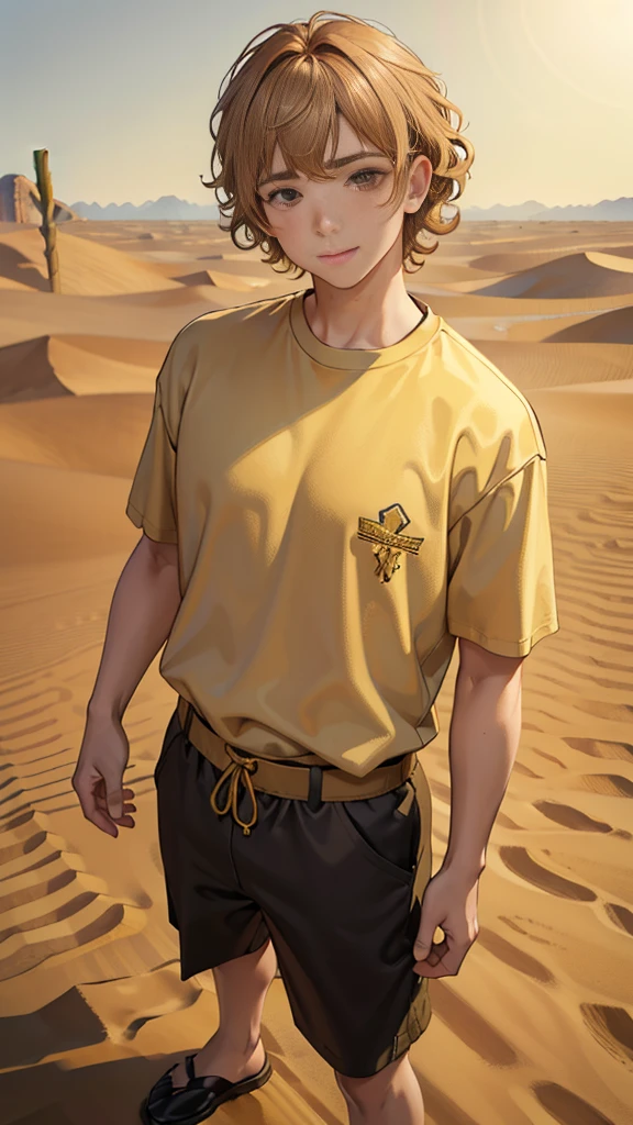 (masuter piece, best quality, very detailed), (fine face), 1 boy, 13 year old boy、standing、from the waist up、golden hair、curly hair、bangs、lots of bangs、brown Eyes、Slight smile、Plump、t-shirt 、Game graphics、Ilya Repin , (in desert:1.5) , ambulance