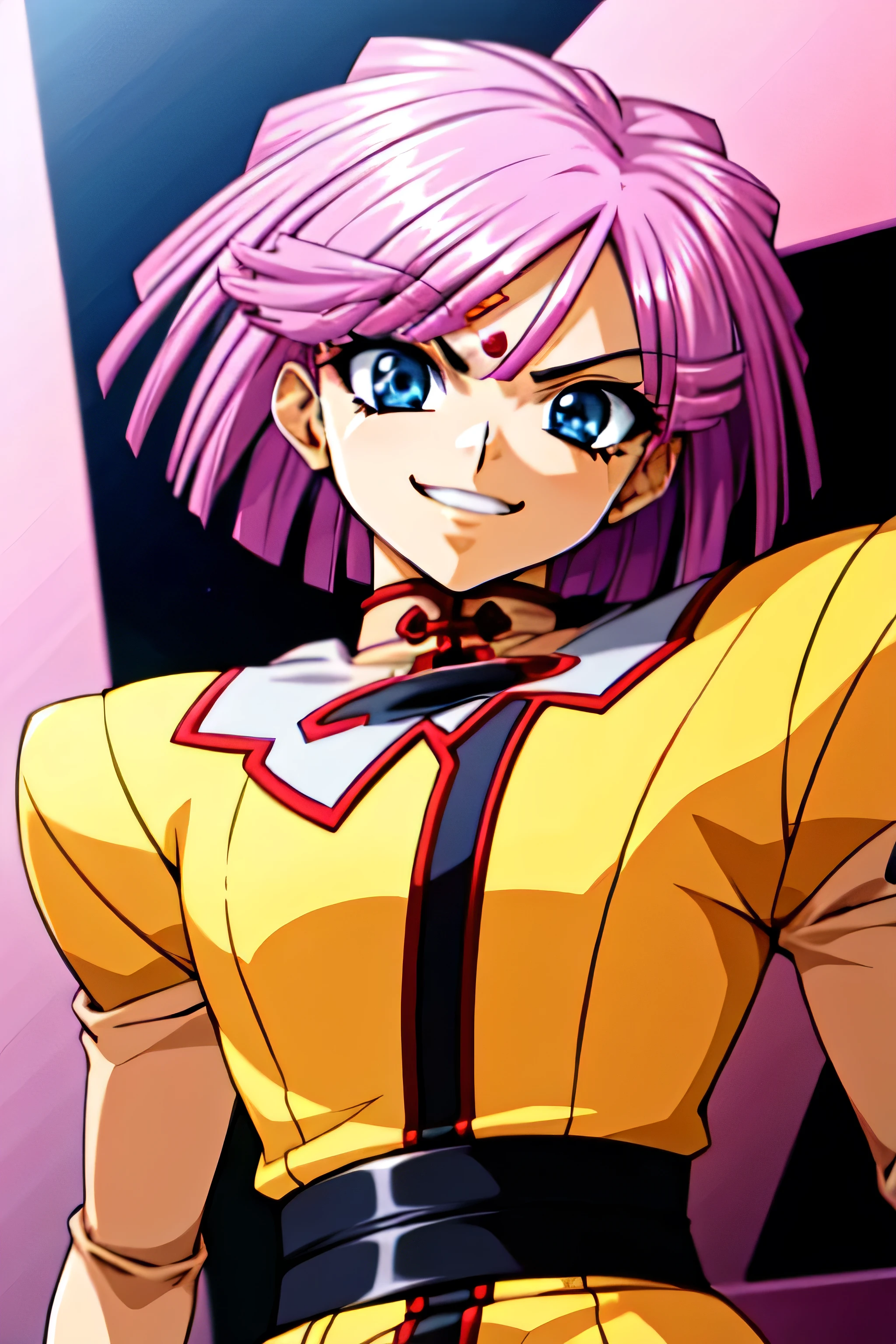 (best_quality 4K, 8K, High resolution, Masterpiece: 1.2), ultra detailed),from_below,(anime_screencap),(1girl,solo),dynamic_angle,too evil_smile,too evil laugh at,tis,deep shadeded_face,too sadistic,smile worst,,bob short hair,,,looking at viewer,upper body,