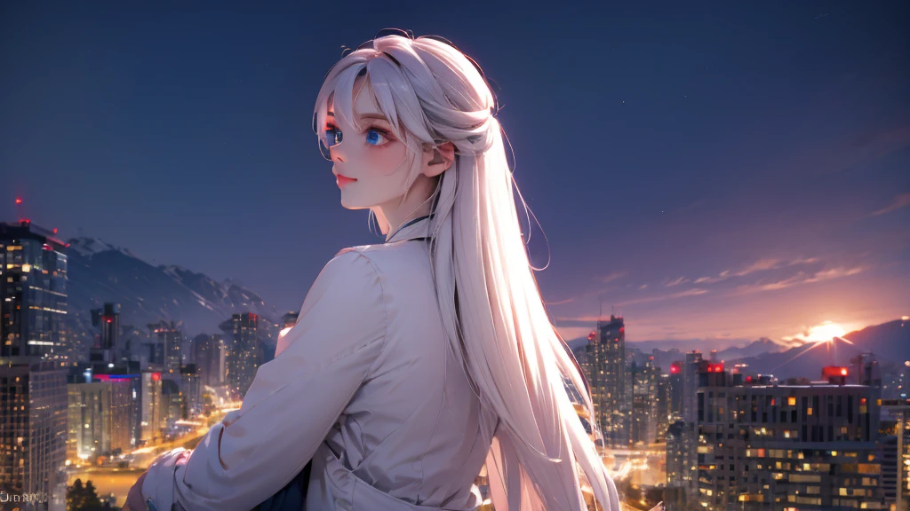 1 girl, medium light white hair, light blue eyes, wearing pink suit, night city, absurdres, high res, ultrasharp, 8K, masterpiece, looking from behind