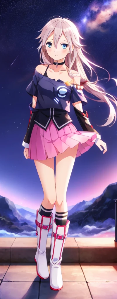 one girl, IA, Vocaloid, CeVIO AI, short skirt, black shirt, off shoulder, choker, beauty, starry sky, mysterious girl, close to girl, Aria on the Planetes, slender, cool, straight hair, boots, standing, full body, face focus, cute, happily