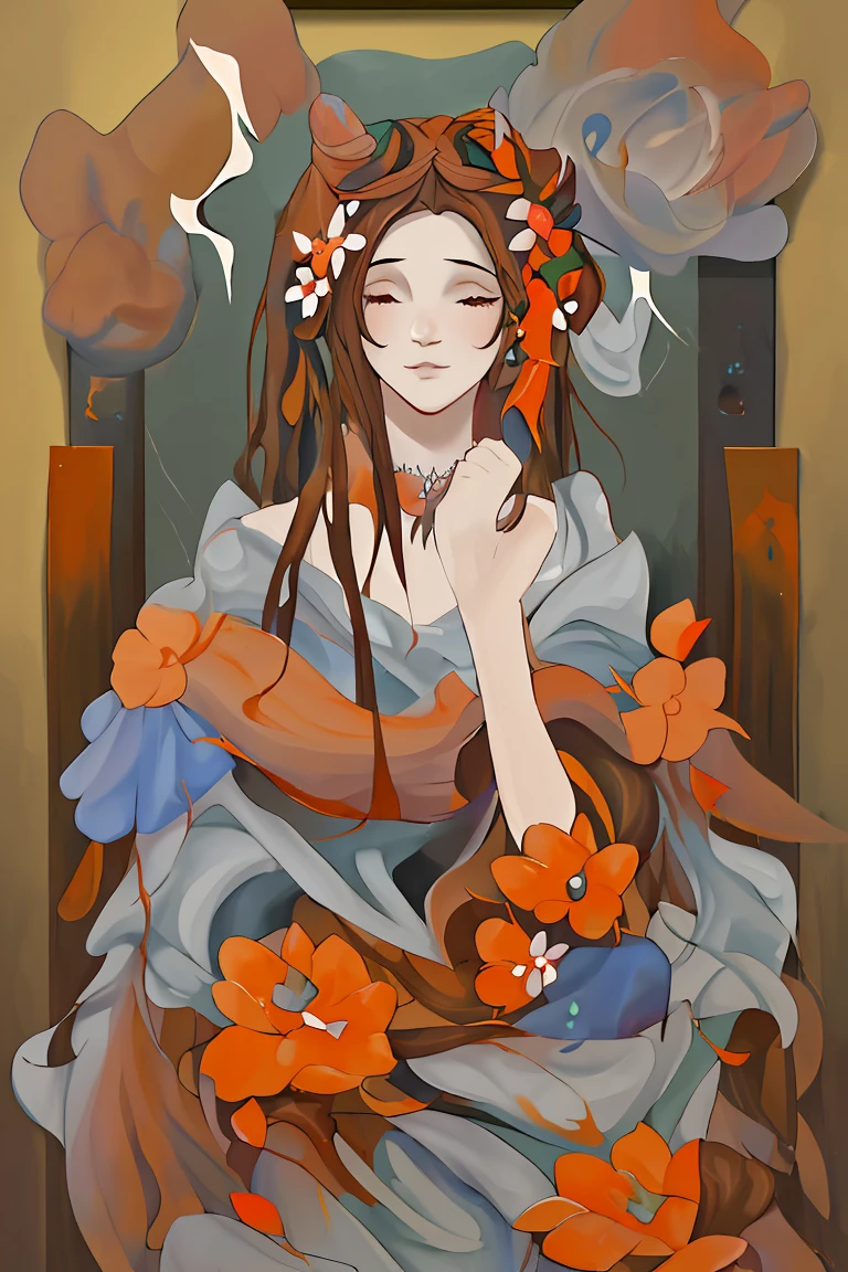 lady with flowers on her head is an acrylic painting, al estilo de lucy glendinning, Tony Diterlizzi, organic and naturalistic compositions, explosiones florales, ferry selection, light orange and brown, rostros serenos --ar 3:4 -