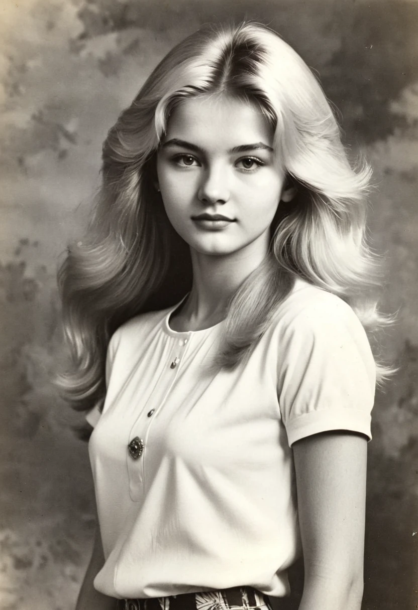 Photo of a beautiful girl 20 years old, university student in the USSR, 1980s, blonde. Photo from school yearbook