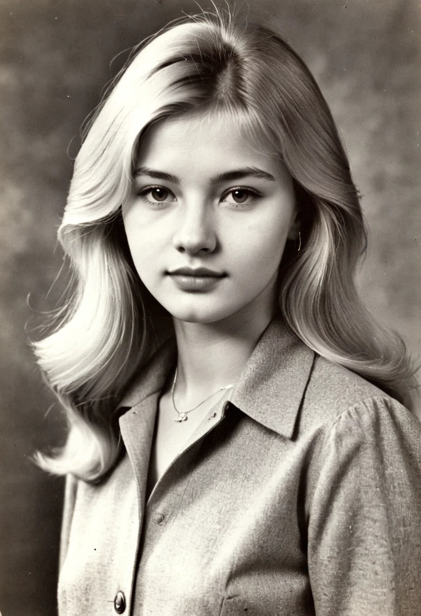 Photo of a beautiful girl 20 years old, university student in the USSR, 1980s, blonde. Photo from school yearbook