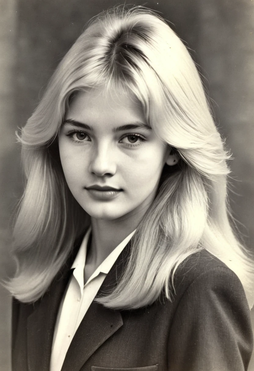 Photo of a beautiful girl 20 years old, university student in the USSR, 1980s, blonde. Photo from school yearbook