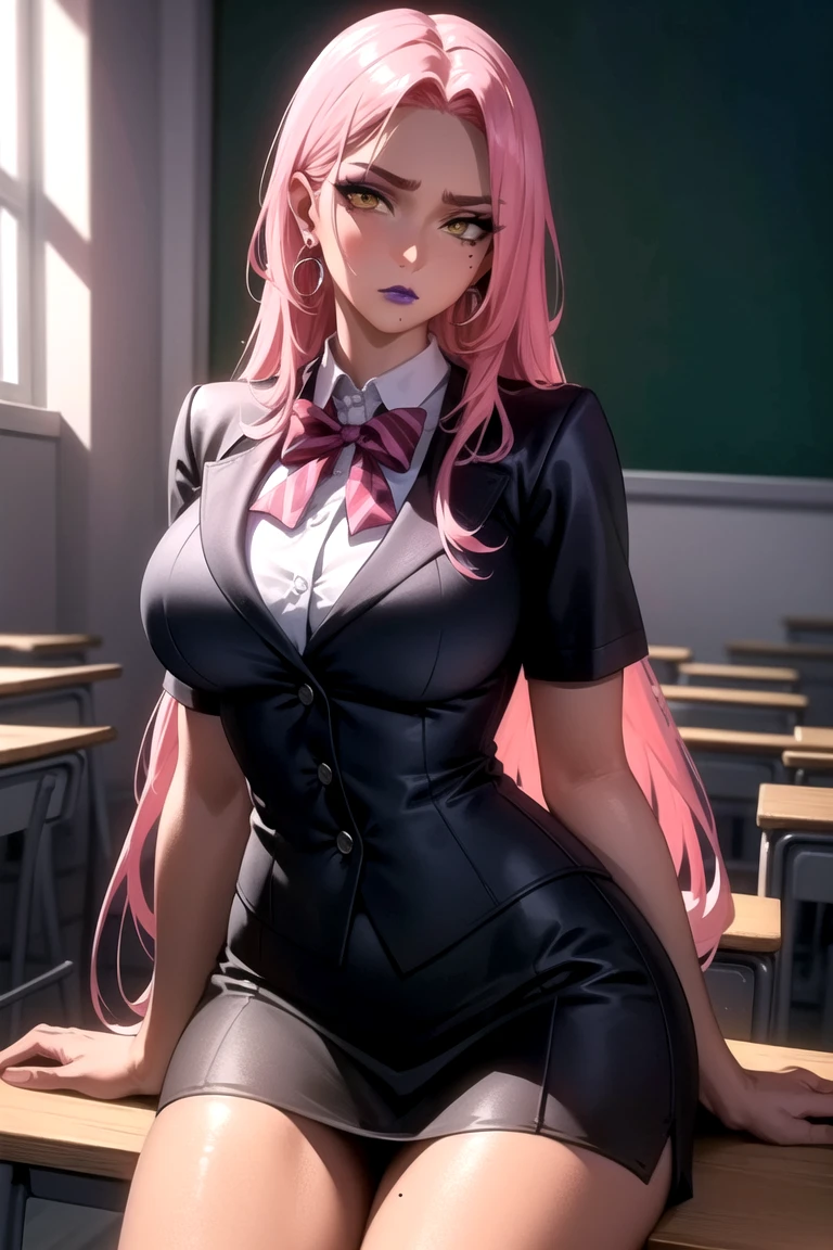 (Masterpiece, A high resolution, Best quality:1.3), 8K, Highly detailed, Intricate, Colorful, vibrant image, Sharp focus, digital blending, 4K, Popular on Pixiv Ingrid, ((school uniform)), Solo, Mature female, 40yo, A MILF, Curvy, (dark skinned female:1.15), Dark skin, posing on a, Classroom, Table, chair, Sitting, (Expressionless:1.2), view the viewer, Cowboy shot, Pink hair, Very long hair, Forehead, hair intakes, Purple lipstick, Makeup, Moles under the mouth, Yellow eyes, Perfect eyes, Perfect face, ultra detailed hair, Ultra detailed face, Earrings, Ultra-detailed lips, Large breasts, Ultra-fine lipstick,