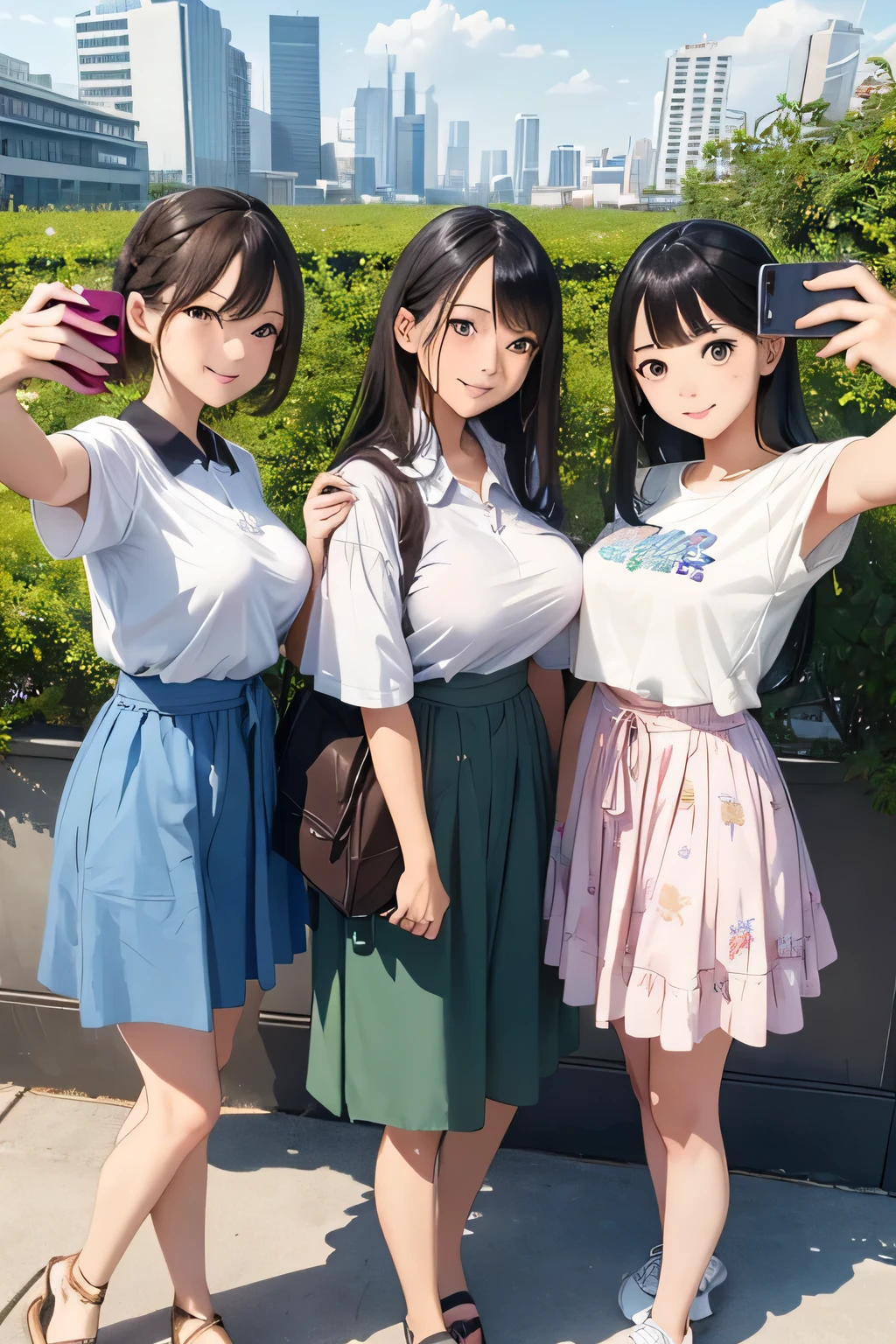 highest quality、High resolution、Detailed Background、(Beautiful face in every detail:1.4)、Anatomically correct、(Detailed facial expressions)、(Detailed eyes:1.2)、Teenage beauty、(Highly detailed face:1.4)、(Detailed eyes:1.2)、(????????????:1.2)、cute hair color、Braided bob cut、Braided Ponytail、cute hairstyle、well-groomed eyebrows、Smiling、A fun atmosphere、Cute gestures、Cowboy Shot、
(Three beautiful girls taking a selfie with big smiles:1.5)、

Beautiful natural scenery such as lush parks, blue skies and white clouds make a great background.、
The silhouettes of skyscrapers and modern architecture create a sophisticated atmosphere.、The illuminated buildings at dusk are particularly impressive.、Bright flowers々The lush greenery adds a touch of natural color.、Flowers in a vase, garden views, etc.、
Colorful graffiti and artwork on the walls create an artistic atmosphere.、

T-shirts and polo shirts、Long sleeve cut and sew、Shorts、Flared skirts and culottes are cute.、
sneakers、Sandals、Backpack、Sacoche、Caps and bucket hats are cute、cute