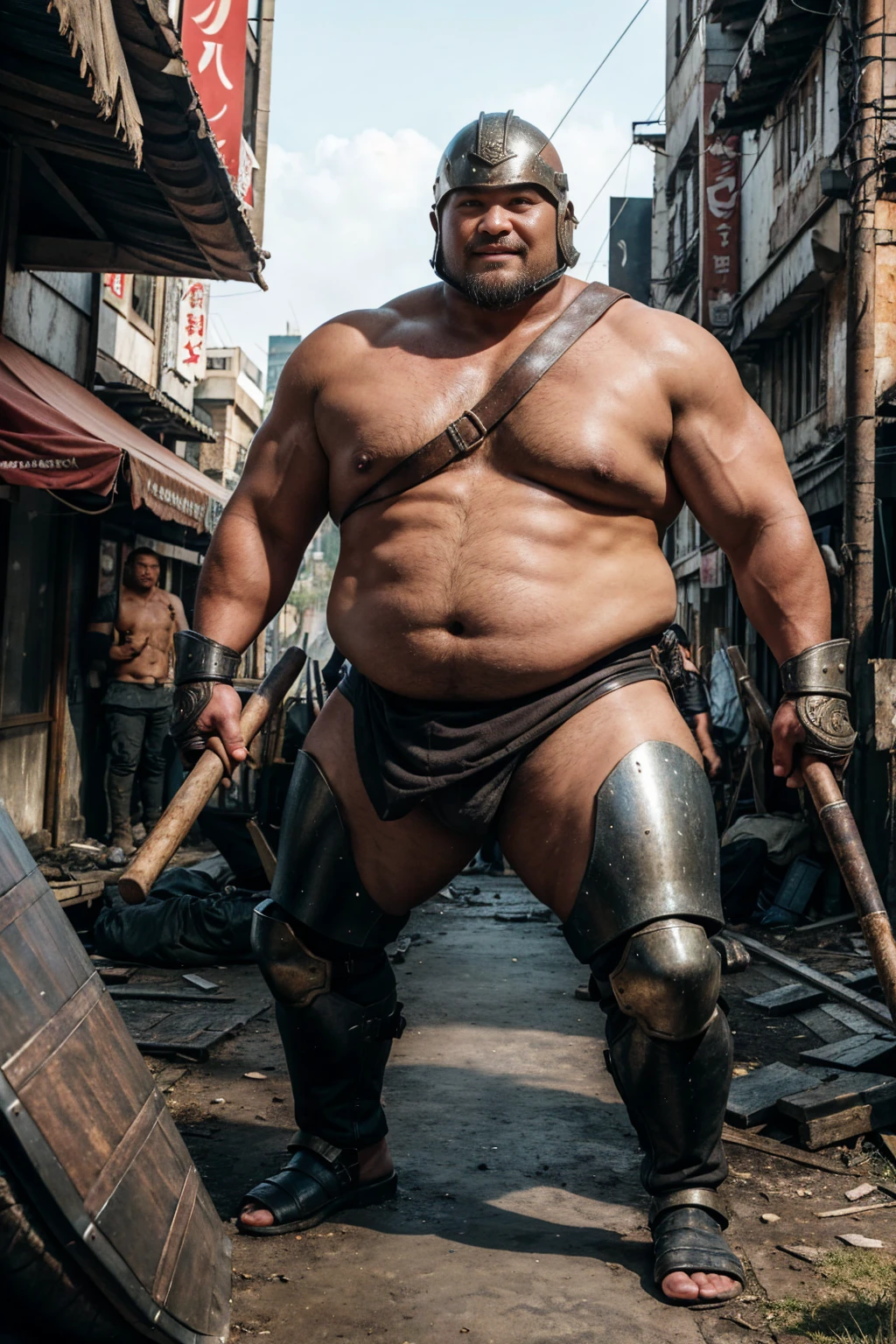 looking at us, shoot from front, face focus, Bandit, Fat ferocious barbarian:2, This barbarian is a robust stocky Japanese, smirking, mid combat, intense battle scene, leather and iron armor, armored short skirt, holding a Viking War Axes, viking helmet, legs exposed from thighs to feet, fierce warriors, ancient battlefields, epic showdown, battleground background, masterpiece, volumetric lighting, Dramatic, Uighur the Warden, breathtaking action, dynamic poses, bald, ((ultra sharp)), ((masterpiece)), ((best quality)), ((ultra detailed)), ((intricate details)), Inguinal region detailed, Dilapidated, breathtaking action, destroyed city after big air raids, fire, A desolate, post-apocalyptic cityscape, A brutal scene, lets out a yell, casting an ominous shadow,