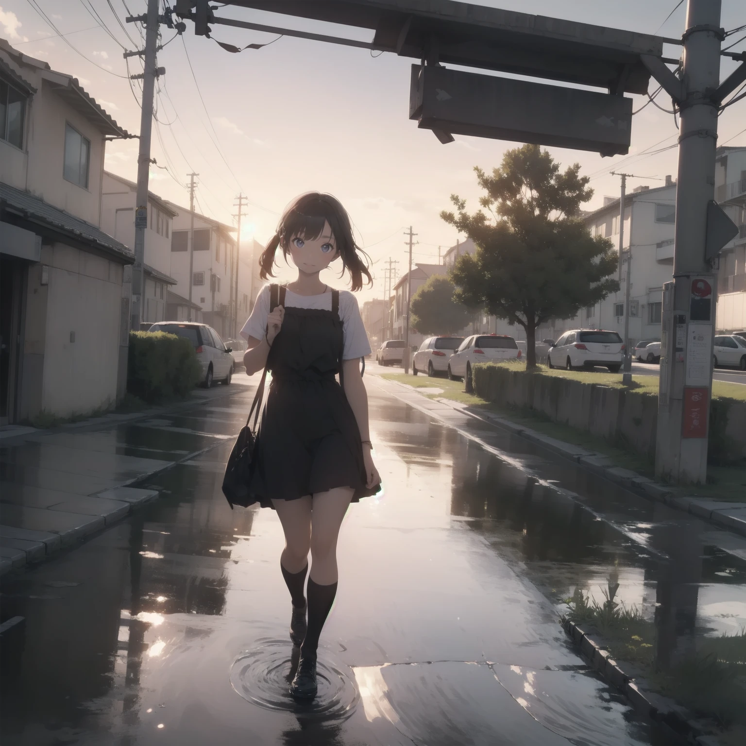 Vast landscape photography、(View from below、Shows the sky above and below)、High resolution、highest quality、Very detailed、makoto shinkai、sunset、Girl in white dress looking sideways、College student with long brown hair、Electric pole、electric wire、Railroad crossing、Lens blur