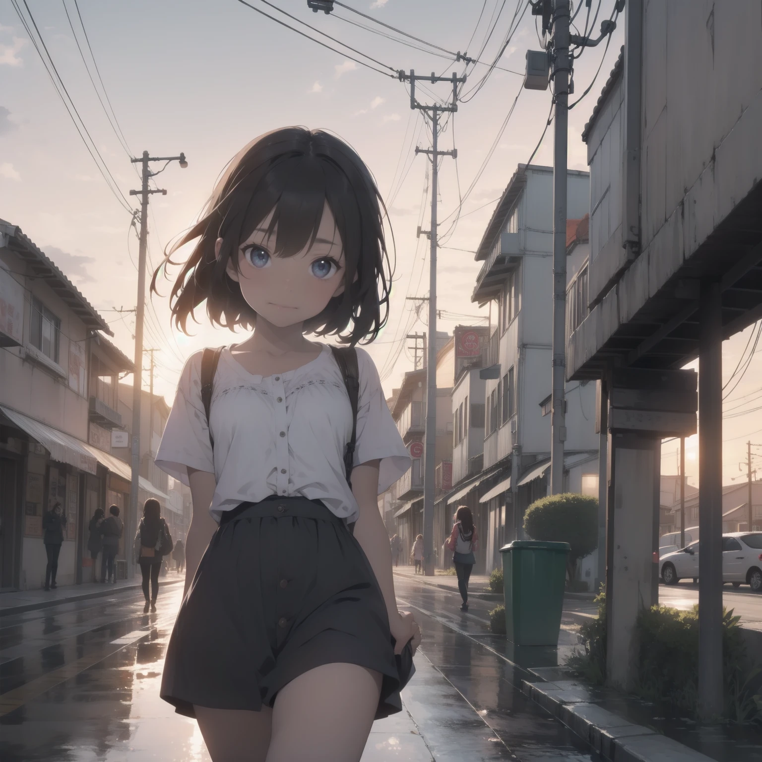 Vast landscape photography、(View from below、Shows the sky above and below)、High resolution、highest quality、Very detailed、makoto shinkai、sunset、Girl in white dress looking sideways、College student with long brown hair、Electric pole、electric wire、Railroad crossing、Lens blur