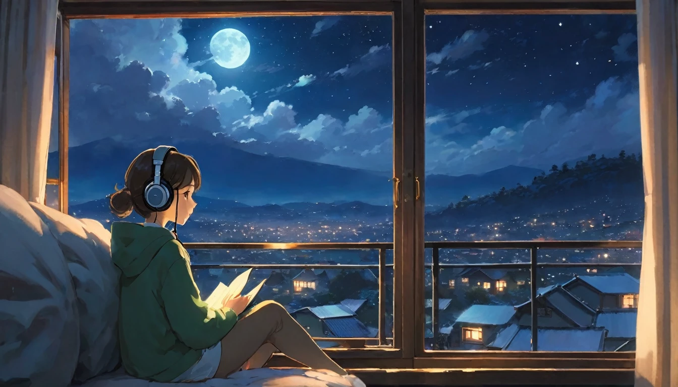 The style of Ghibli animation,The night sky appears deep and calm,The clouds are very thick,The moonlight shines through the gaps in the clouds,Appear soft and warm。A girl,Sitting by the window,Wearing headphones,His eyes were staring into the distance,My thoughts wander in the cold night of Beginning of Winter,There is a touch of tranquility and warmth on the face。(best quality,4k,8K,High resolution,masterpiece:1.2),Extremely detailed.