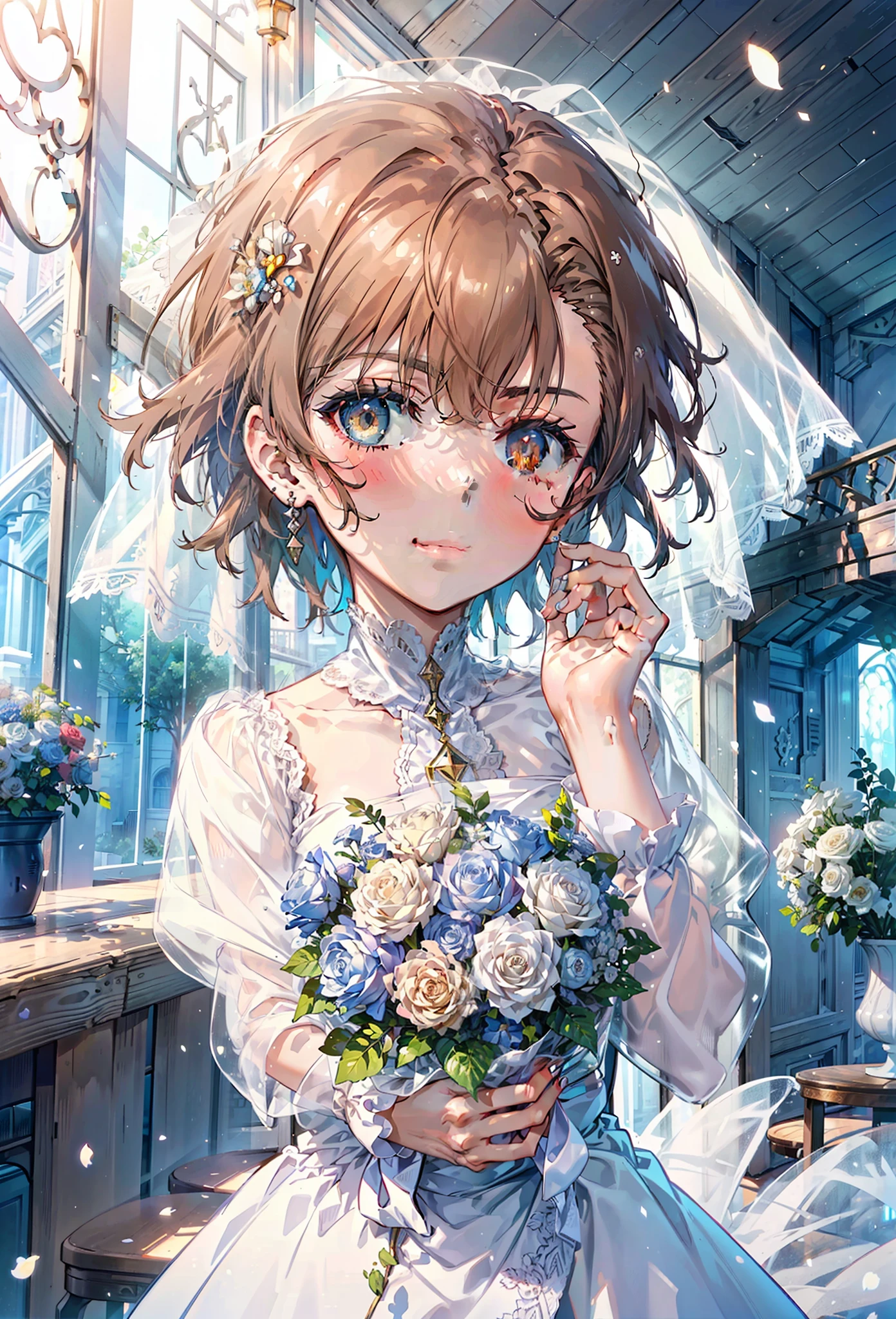 8k,highest quality,masterpiece,(((Pixel Perfect, Perfect in every detail))), alone, 1 girl, ,Mycotrose, Brown eyes,Brown Hair,short hair,Open your mouth,smile,blush,Flower Hair Ornaments,Veil,Wedding dress,Wedding Skirts,Holding a large bouquet in both hands,Flower Storm, break indoors, Chapel,Association, break looking at viewer, whole body,(Cowboy Shot:1. 5) , break (masterpiece:1.2), highest quality, High resolution, unity 8k wallpaper, (shape:0.8), (Beautiful details:1.6), Highly detailed face, Perfect lightでg, Highly detailed CG, (Perfect hands, Perfect Anatomy),