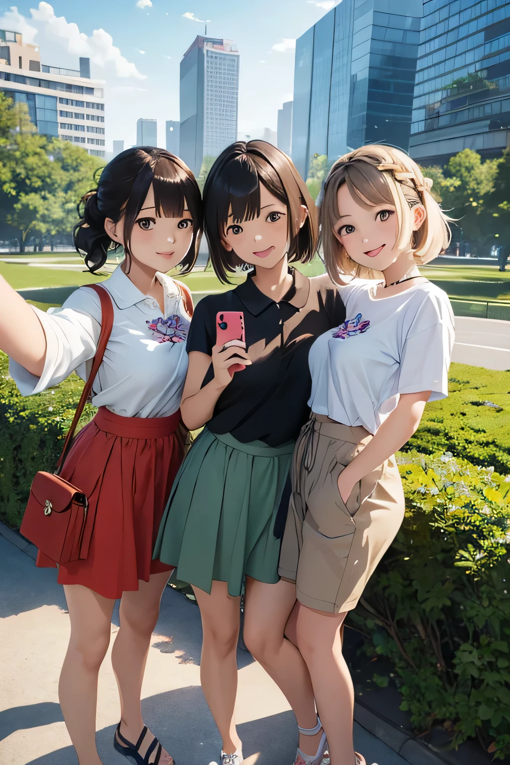 highest quality、High resolution、Detailed Background、(Beautiful face in every detail:1.4)、Anatomically correct、(Detailed facial expressions)、(Detailed eyes:1.2)、Teenage beauty、(Highly detailed face:1.4)、(Detailed eyes:1.2)、(Huge breasts:1.2)、cute hair color、Braided bob cut、Braided Ponytail、cute hairstyle、well-groomed eyebrows、Smiling、A fun atmosphere、Cute gestures、Cowboy Shot、
(Three beautiful girls taking a selfie with big smiles:1.5)、
Beautiful natural scenery such as lush parks, blue skies and white clouds make a great background.、
The silhouettes of skyscrapers and modern architecture create a sophisticated atmosphere.、The illuminated buildings at dusk are particularly impressive.、Bright flowers々The lush greenery adds a touch of natural color.、Flowers in a vase, garden views, etc.、
Colorful graffiti and artwork on the walls create an artistic atmosphere.、
T-shirts and polo shirts、Long sleeve cut and sew、Shorts、Flared skirts and culottes are cute.、
sneakers、Sandals、Backpack、Sacoche、Caps and bucket hats are cute、cute