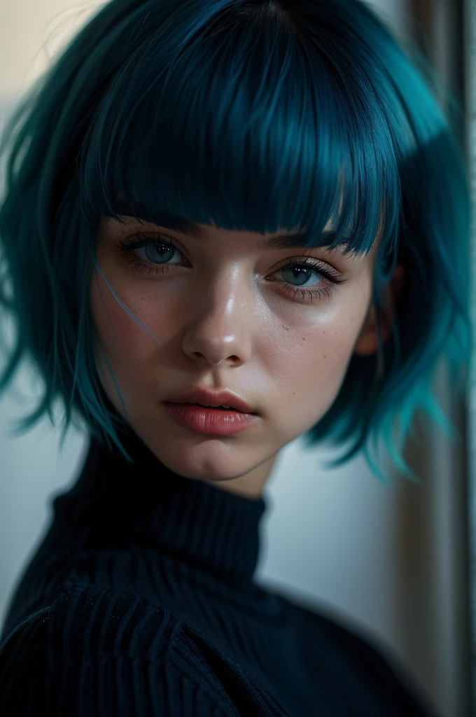 Instagram Photos, French woman, 21 years old, square hair cut,Blue hair, Close-up portrait, sweater, Neckline, pale, Sharp Shadow